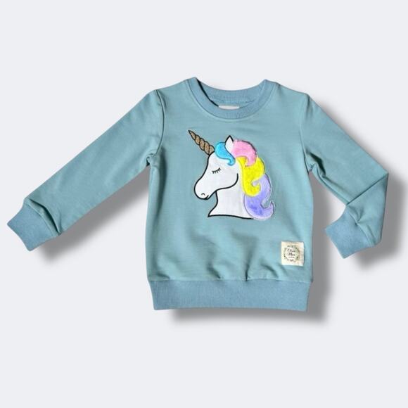Olive Mae Sweatshirt Girls 2T Sage Green Unicorn Applique Fuzzy Mane Gold Horn - Picture 1 of 7